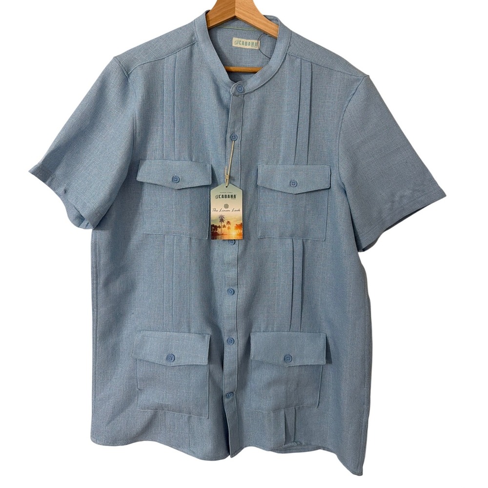 Cabana Fashions Blue Guayabera Shirt Linen Look Short Sleeve Banded Collar L NWT